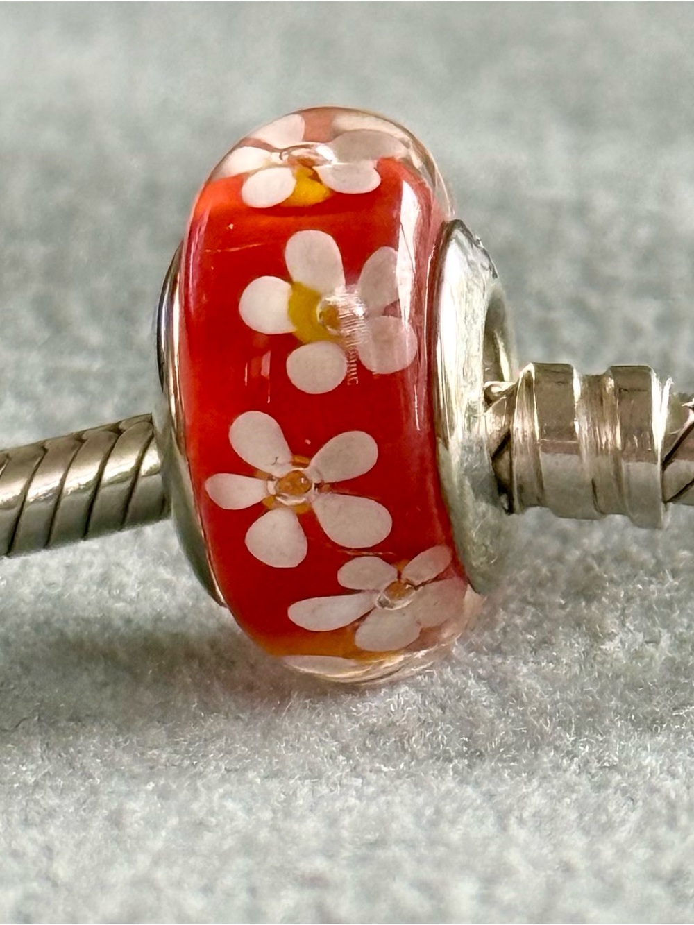 Tropical Red orange Floral Murano Glass Charm fit Pandora bracelets